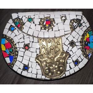 Ramla Clutch Bag Moroccan Mosaic White Crossbody Unique Gold Hamsa Hand $275